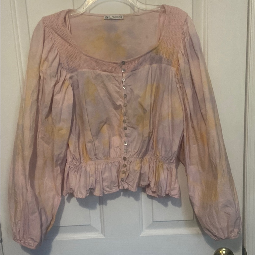 Zara Pink Long Sleeve Smocked Peplum Blouse
